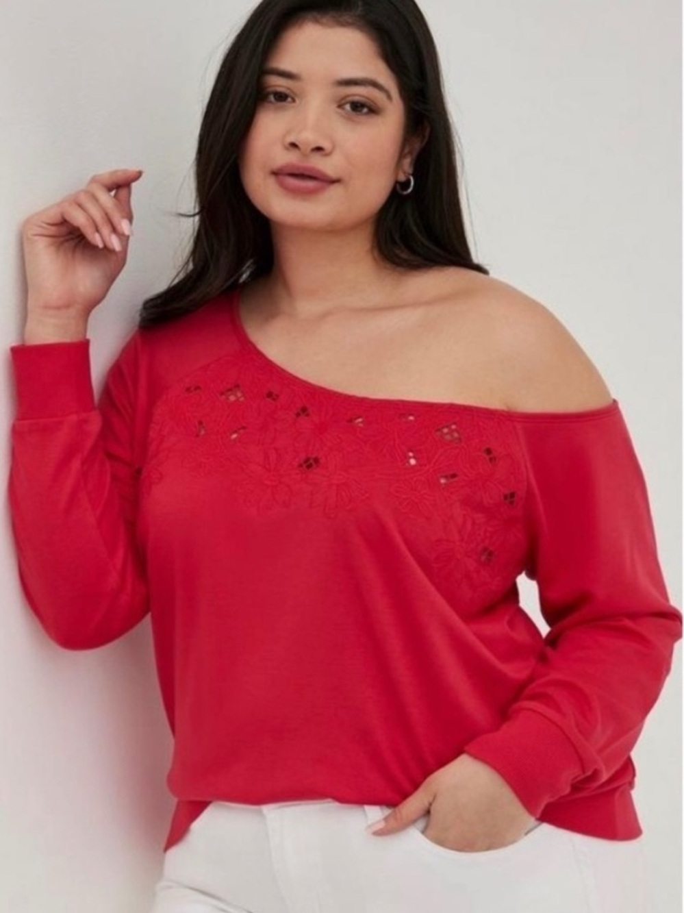 Torrid Women Plus Sz 3X Red French Terry Off-Shoulder Embroidered Sweatshirt